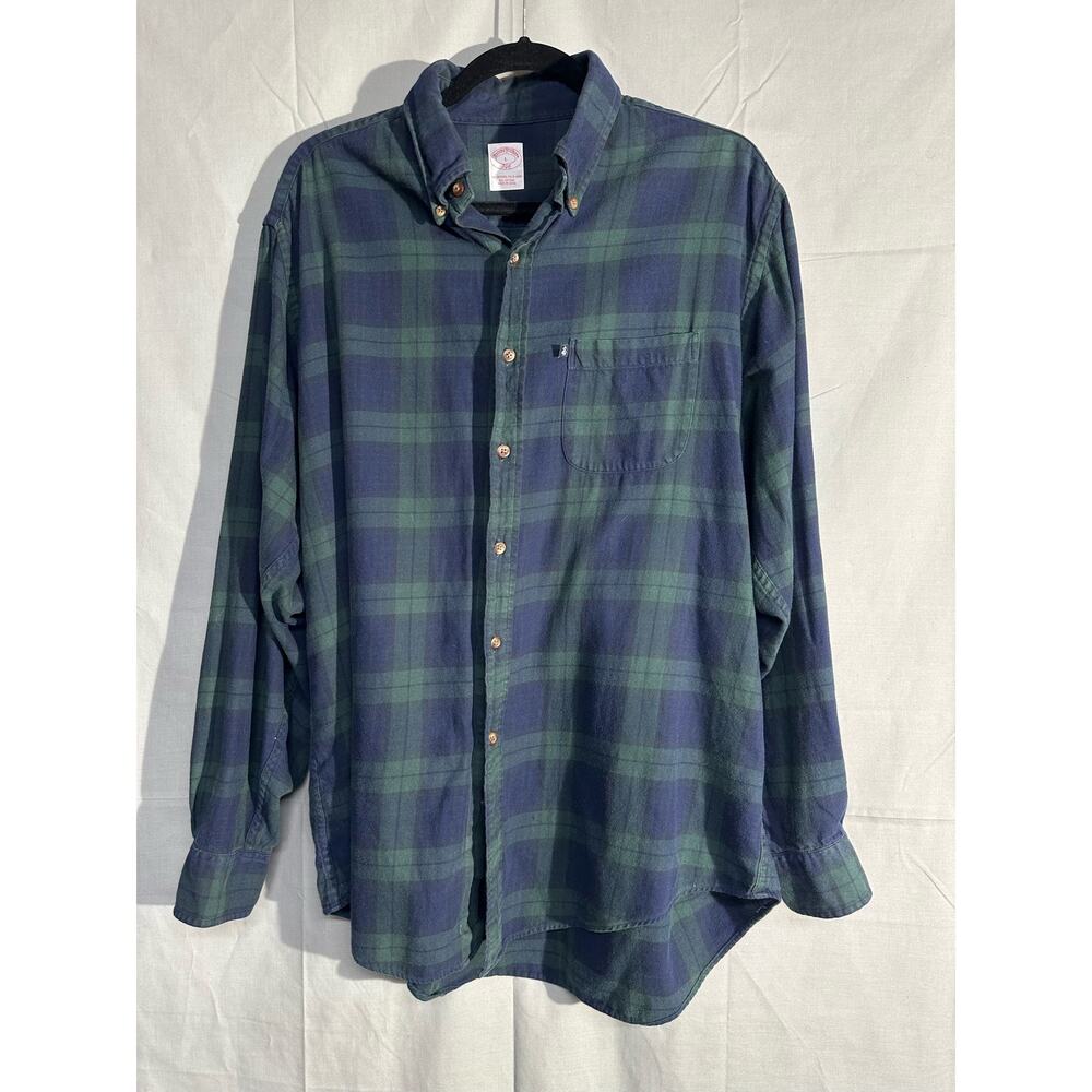 Brooks Brothers Shirt Men Large Blue Green Flannel Plaid Tartan All Cotton